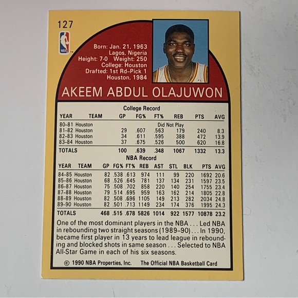 1990 NBA HOOPS Houston Rockets Hakeem Olajuwon #127 - Picture 2 of 3